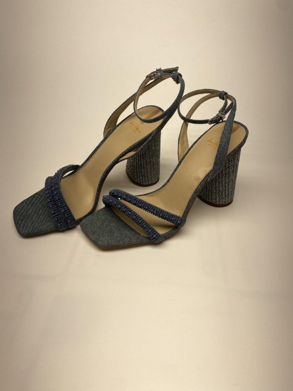 Sam Edelman Kia Womens Size 10.5 Blue Denim Beaded Block Heel Sandals Strappy